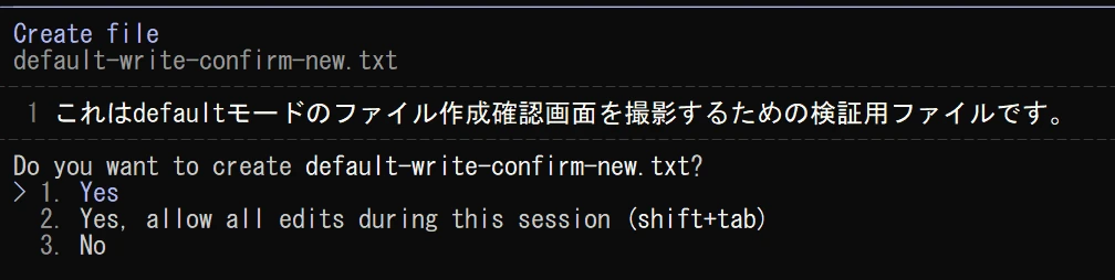 defaultモードで新規ファイル作成(Write)を依頼したときに表示された権限確認画面。Yes/Yes, allow all edits/No の3つの選択肢が出ている