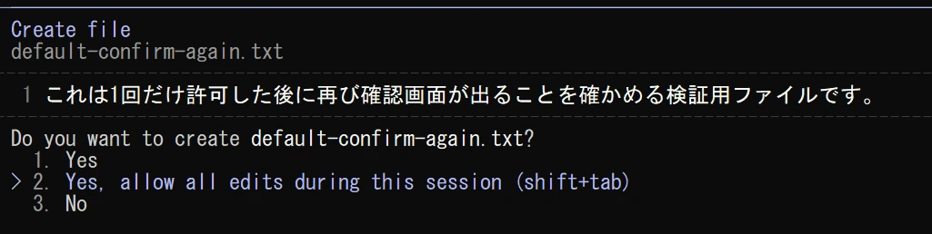 defaultモードの確認画面で「2. Yes, allow all edits during this session」を選択しようとしている場面のターミナル画面