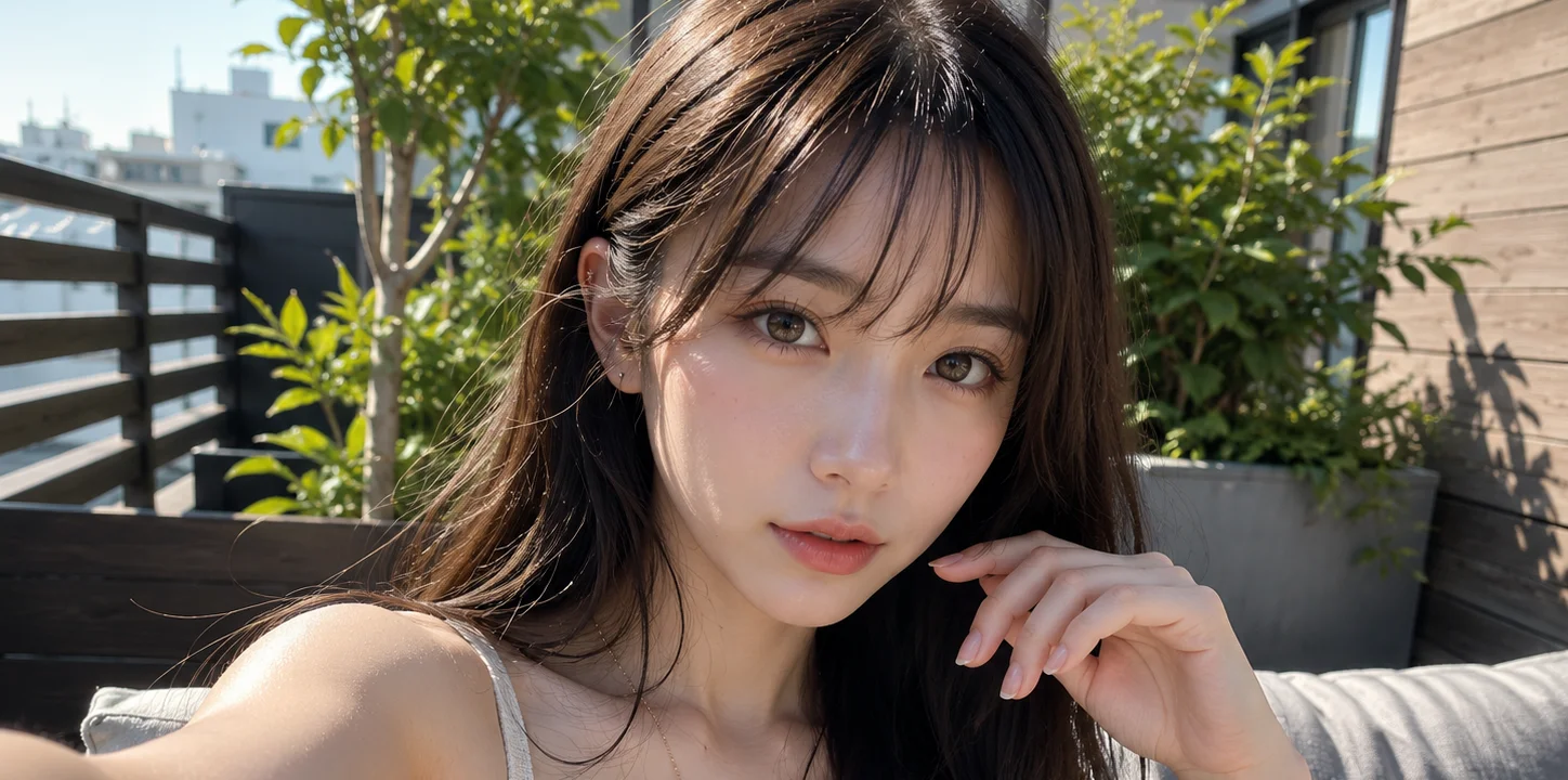 今回の検証で基礎画像として使った、AIで生成した架空の人物の画像。屋外で自撮りをしている構図
