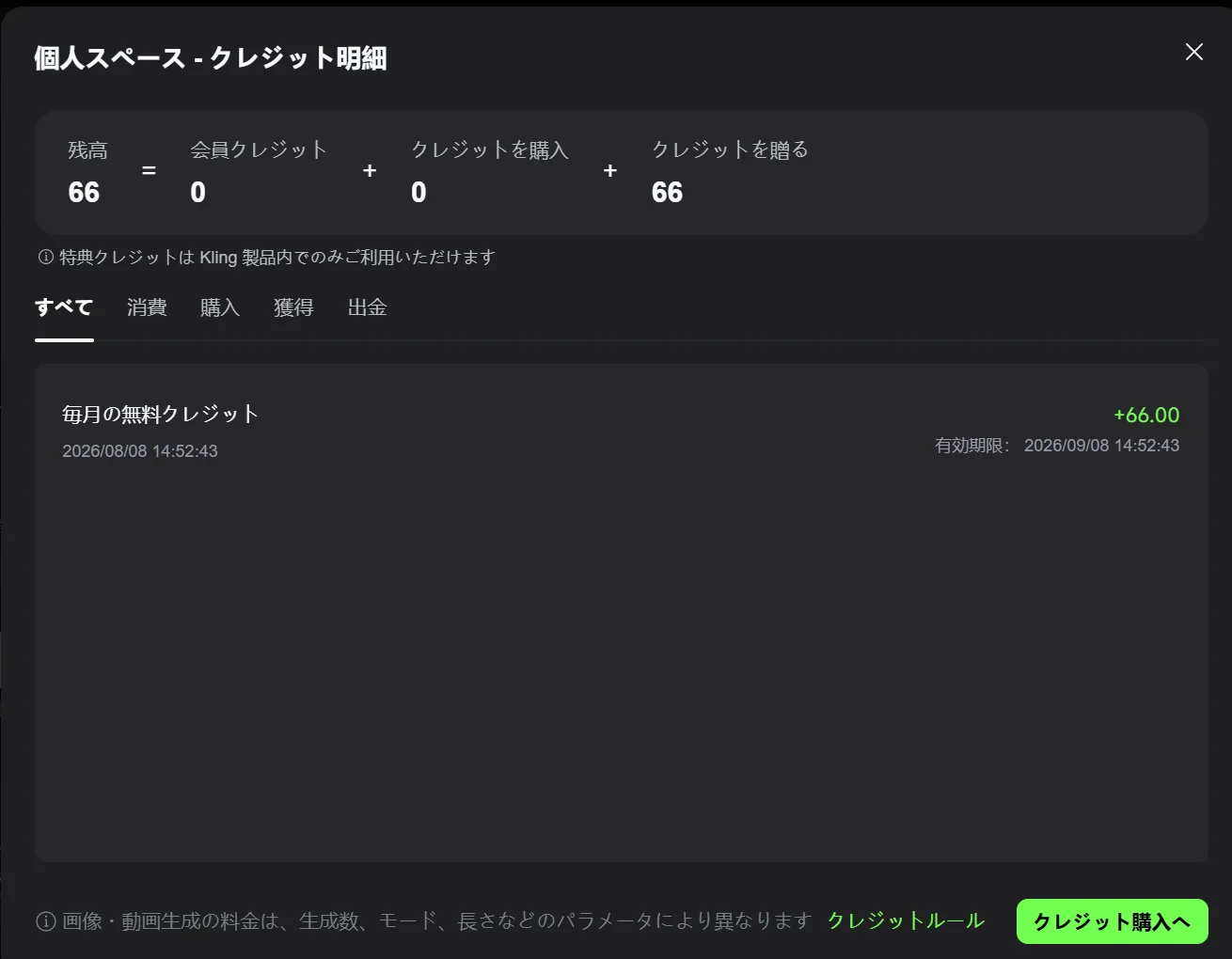 生成できなかったあとのクレジット明細。残高は66のままで、履歴には毎月の無料クレジット+66.00の1行だけが表示されている
